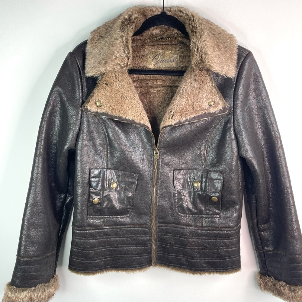 Vintage Y2K Guess Faux Leather Faux Fur Lined Brown Bomber Jacket Size Large